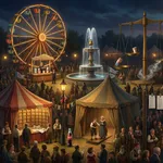 A square detail of the painted fairground at dusk: a lit Ferris wheel and a fountain behind the crowd, a brass scale weighing a cup against a coin, and striped tents with lists pinned up inside