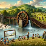 A square detail of the painted valley: a river of paper sheets driving a watermill, a trail of ants climbing a ramp beside it, children filing past a framed landscape standing in the water, and herds grazing on the hills behind