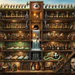 A square detail of the painted cutaway workshop: a queue carrying handwritten numerals past a single huge eye at the surface, floors of brass valves below, a waterfall of numerals falling through them, and rows of beds beside a transformer at the bottom