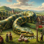 A square detail of the painted village: the enormous coiled python filling the meadow, its head beside baskets of speckled eggs, and a giant wooden signpost forking into yes and no