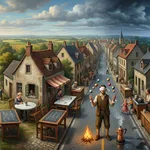 A painted street running from a bright morning on the left into a stormy night on the right, with the same plain desk set up again in every town along it and mathematics being done on slate, on a cafe table and on a kitchen table; in the middle of the road someone juggles three balls with a bandage over their eyes while a coffee pot boils on a small fire at their feet, a half-built ship stands at one end of the street and a ladder leans up towards a low moon at the other