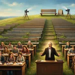 A painted lecture hall with no walls, its rows of benches running up a hillside: the front rows new, lit and full of people taking notes, the rows further up weathered and half empty with grass growing between the boards, and a single bench at the top of the slope facing away towards the horizon beside a small hand-lettered board. A lecturer stands at the front desk in the middle of the picture, and cameras on wooden tripods film the front rows with their cables lying uncoiled in the grass