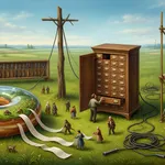 A painted meadow holding three machines and nothing else, with no cable running between them: in the middle a tall wooden cabinet of labelled drawers, open at the back and empty inside, one drawer sliding out as someone stands before it; on the left a glass ring lying flat with a living field inside it that has no edge, small creatures grazing and a long paper ribbon of handwritten instructions trailing out of it; on the right a large cube being assembled cell by cell on a brass scaffold. A bare mast carries nothing, cut cables lie capped in the grass, and a long rack behind holds forty-five small hand tools, each one different