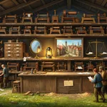 A painted open-air workshop under a plank roof, its wall filled from the bench to the rafters with finished wooden machines, each labelled by hand in a different hand. In a lit row at eye level stand an oval mirror, a brass lantern, a framed view of a small town, a pair of scales with papers in both pans, and a single written page. The long counter in front of them is shuttered, with a small dated card hanging on the shutter; two people stand reading the card and two more walk away across the meadow