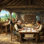 A painted timber workshop seen from its open doorway, with a meadow and more workbenches outside. In the middle stands a plain table with two people sitting across from each other and six sheets of paper laid out between them; one is writing, the other waits with their hands still. Behind them the floor is swept and empty, and at the far end stands a tall shelf of finished machines, too far away to read