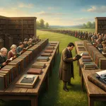 A painted reading room with no walls standing in a mown meadow in low afternoon light: two long tables hold the same books twice over in two different orders, and someone walks between them comparing. On one table lies a typewriter with keys missing from its middle row, and the queue waiting for the most worn volume on that table is not made of scholars but of travellers with bags, lined up across the grass to the horizon