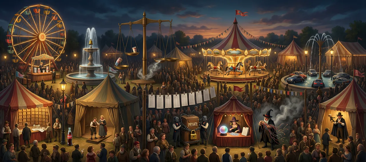 A painted fairground at dusk: a locked chest marked PRIVATE guarded by two masked figures, a fortune-teller reading cards beside a glowing crystal ball, a brass scale weighing a coin and a cup with smoke curling beside it, a washing line hung with lists, and a carousel and Ferris wheel behind the crowd
