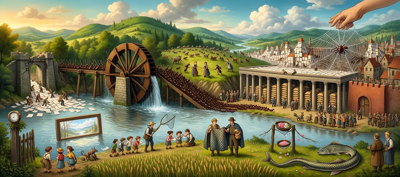 A painted valley where a river of paper sheets drives a watermill, with a colonnade of grain stores, herds tethered to standing stones, a town under a spider web and a hand reaching out of a cloud