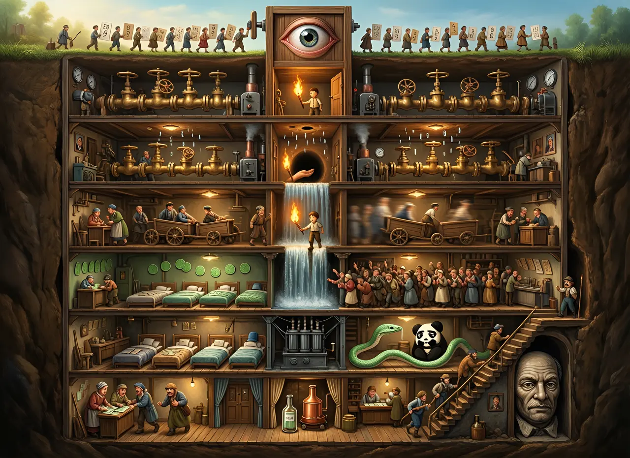 A painted cutaway of a workshop sunk deep into the earth: a queue at the top carries handwritten numerals past a single huge eye, floor after floor of brass valves below, a waterfall of numerals falling through the floors, a hand-width hole that portraits come out of blurred, rows of beds with words asleep in them, a transformer, a snake reading its own tail, a curtained room at the bottom and a copper still