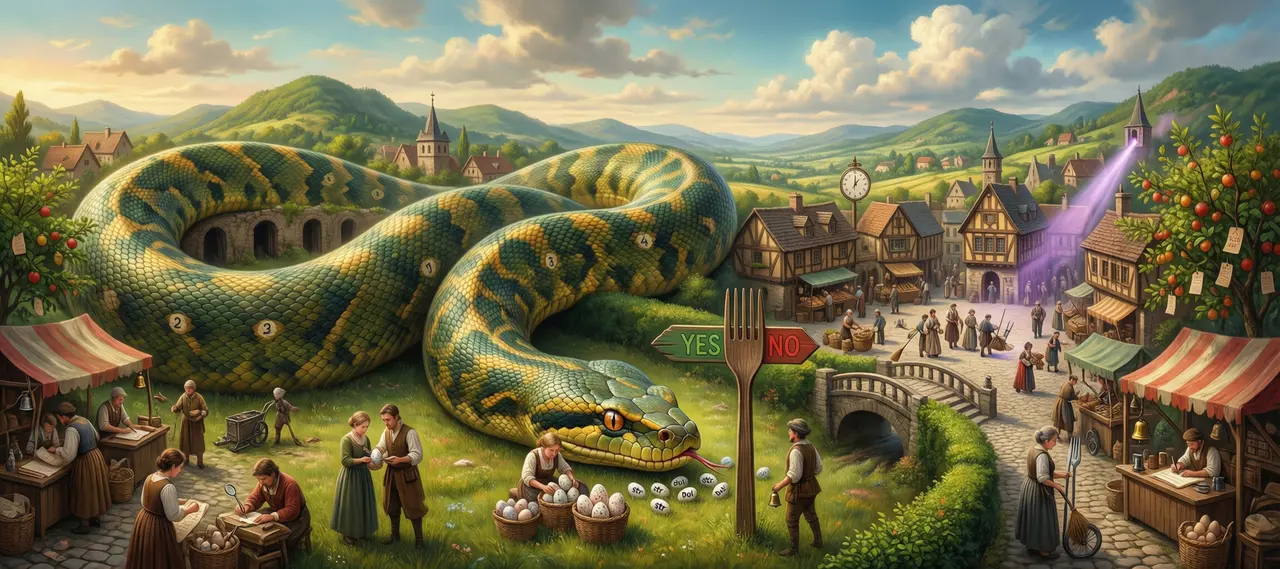 A painted village crossed by an enormous coiled python snake, with a giant wooden signpost forking into yes and no, baskets of speckled eggs, a market square, and a violet beam of light striking tools on a smith's bench