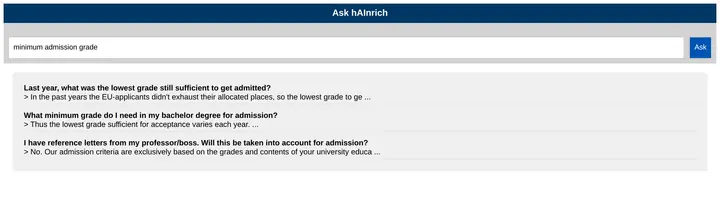 hAInrich answering the question 'minimum admission grade' with a matching FAQ entry