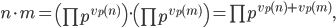  n\cdot m = \left(\prod p^{v_p(n)}\right)\cdot\left(\prod p^{v_p(m)}\right) = \prod p^{v_p(n)+v_p(m)},